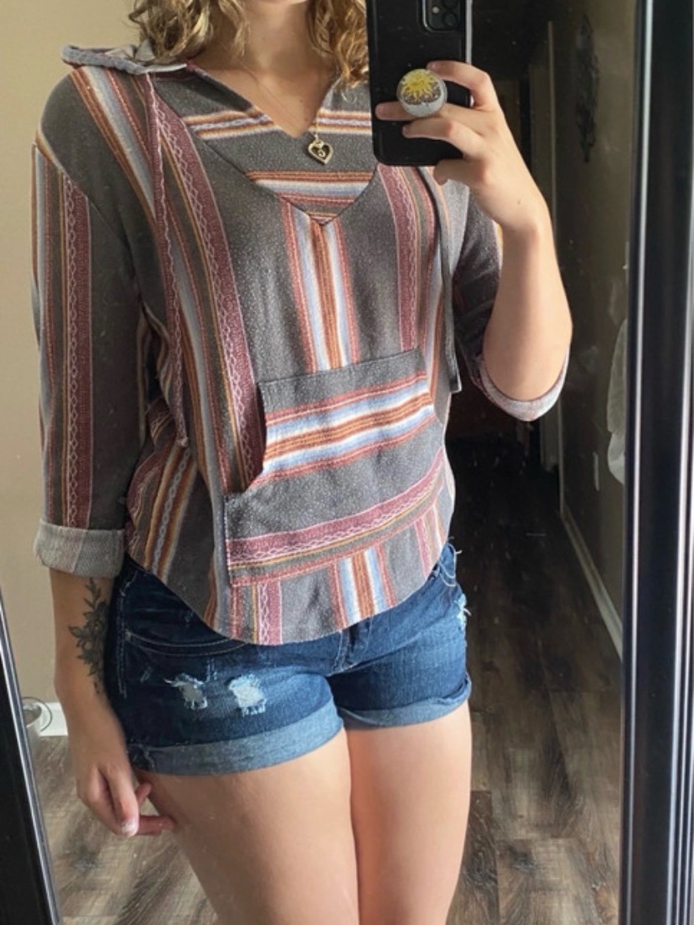 Wallflower Multistripe Hooded Pullover in Gray and Rust